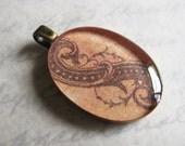Orange Red Victorian Illustration Pendant - Found Art - Resin charm jewelry - antique brass finish
