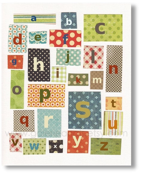 Baby nursery print, childrens art print, kids room decor, Alphabet, Blue, Red Orange, Green, Patchwork Alphabet 8x10 print from Paris
