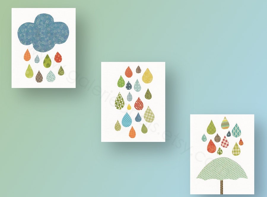 Nursery art, baby nursery decor, nursery wall art, kids art, baby art, cloud, umbrella, rain, Set of 3, 8 x 10 Prints - Raining Colors