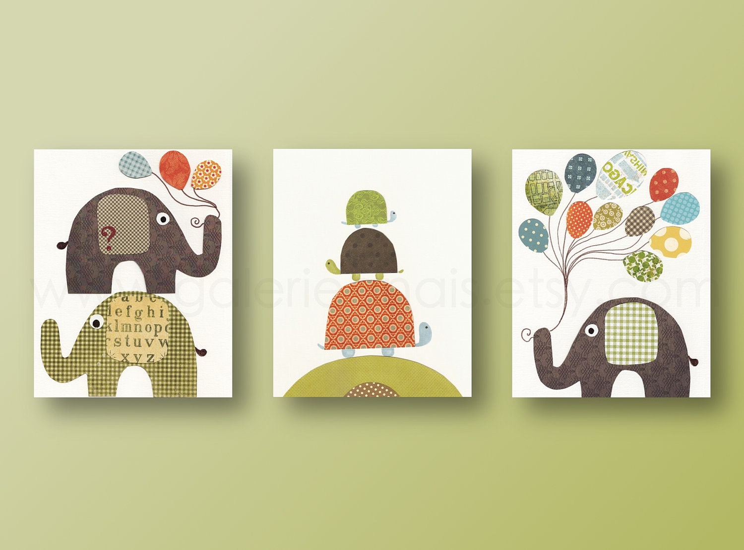 Nursery art prints, baby boy nursery, nursery wall art, personalized, turtle, elephant, balloon, bird, Balloons set of three 8x10 in. prints