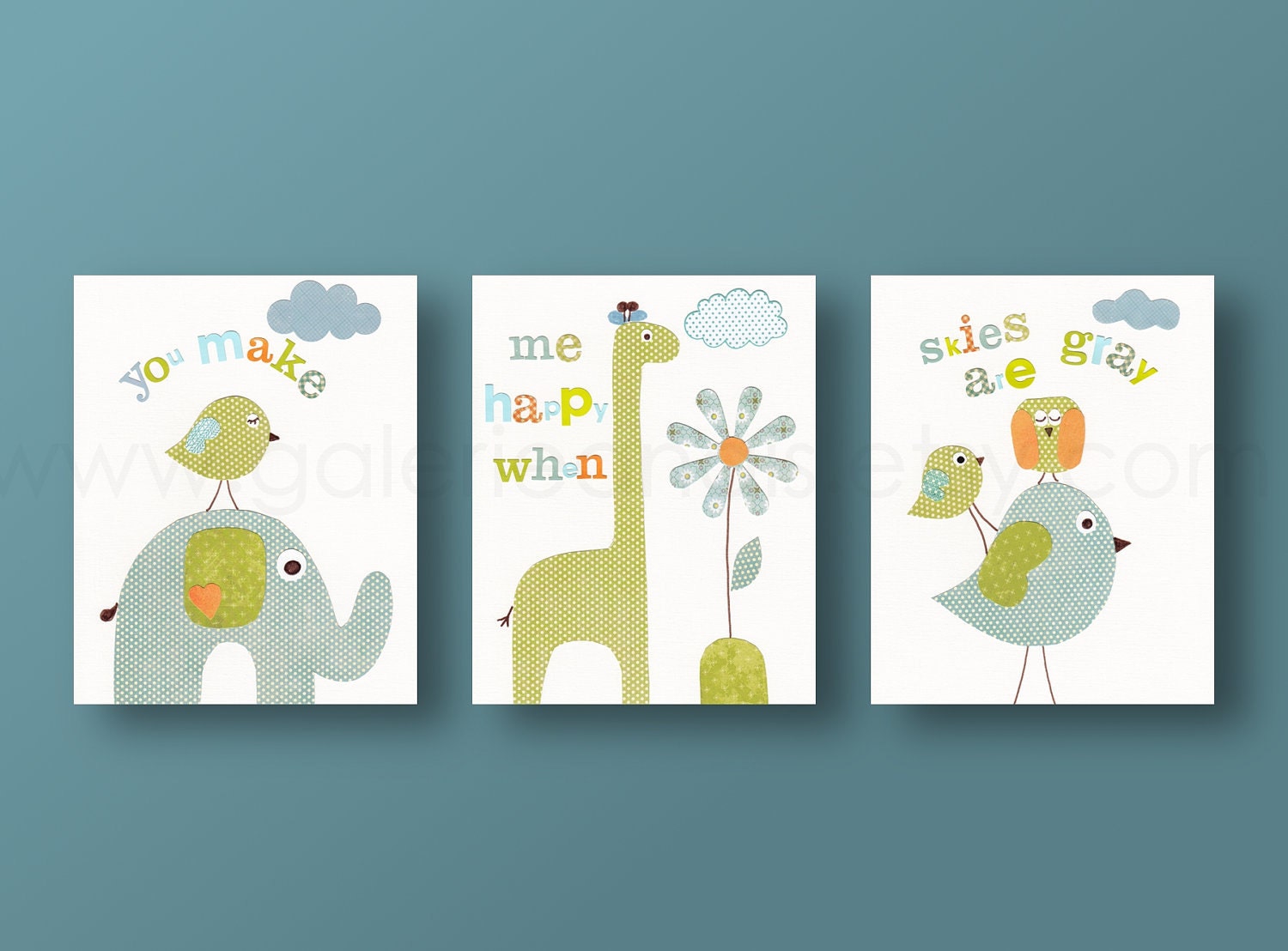 Nursery art, baby nursery decor, nursery wall art, baby art, giraffe, owls, bird, elephant. Set of 3, 8x10 Prints -  You Make Me Happy