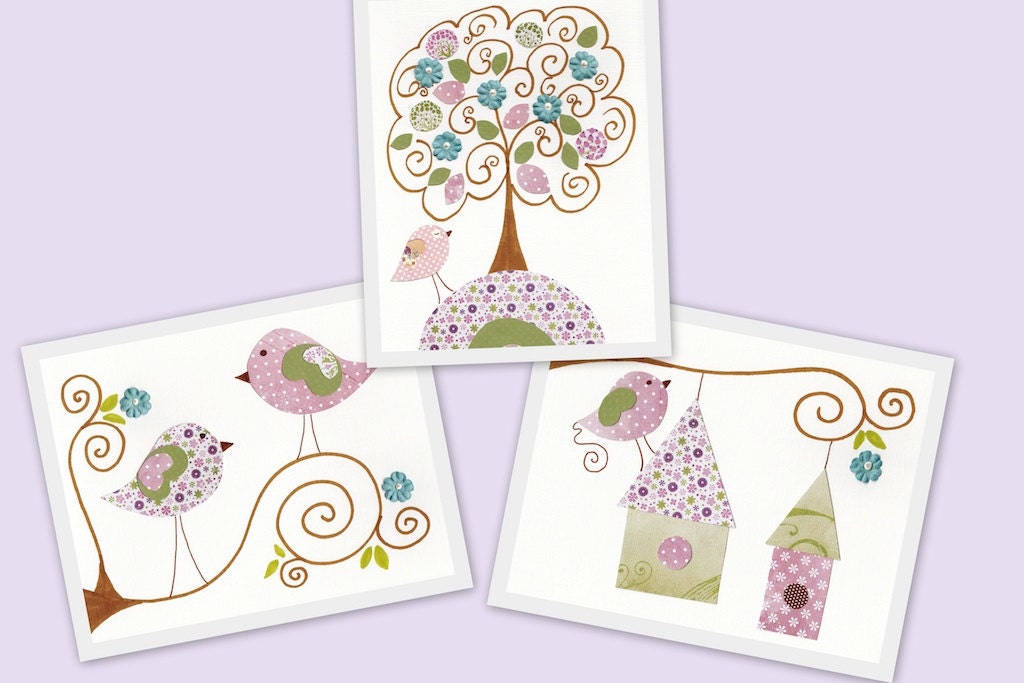 Baby room decor, Children room decor, nursery art, baby nursery, nursery print, bird, tree, birdhouses, Set of 3, 8 x 10 Prints Tree of Joy