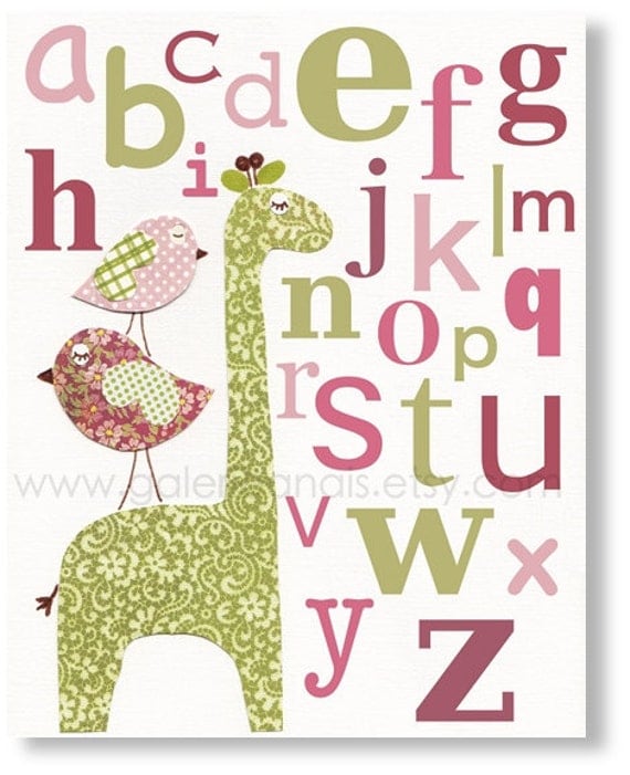 Nursery wall art, nursery decor, kids giraffe, nursery giraffe, nursery alphabet, kids alphabet, Elegance Alphabet 8x10 print