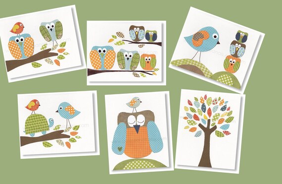 nursery art, nursery decor, baby nursery print, kids room decor, nursery wall art, owl, tree, turtle, birds, set of Six 8x10 in. prints