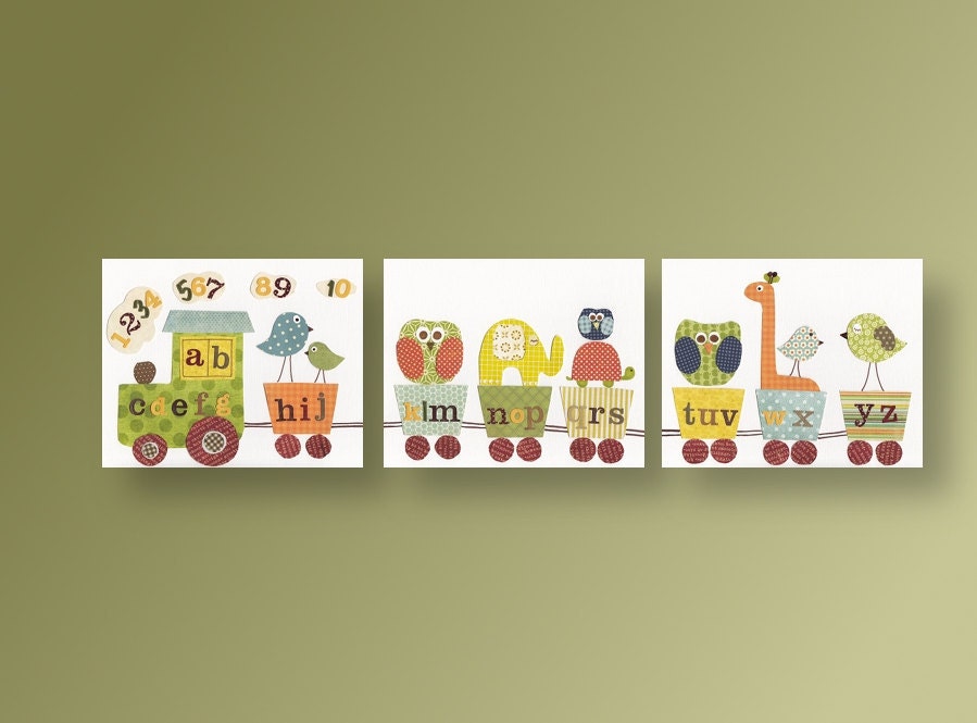Nursery art, baby nursery decor, nursery wall art, elephant, owl. giraffe. bird, alphabet train, Set of 3, 11x14 Prints -  Anais Fun Train
