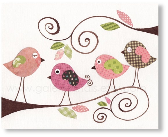 Nursery art prints, baby nursery decor, nursery art, children print, baby art, birds nursery, Pink, Gossip Birds 8x10 print