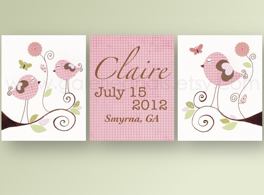 Kids wall art, nursery art, Personalized, baby nursery decor, nursery wall art, kids decor, bird, Set of 3, 11x14 Prints -  Rose Romantique