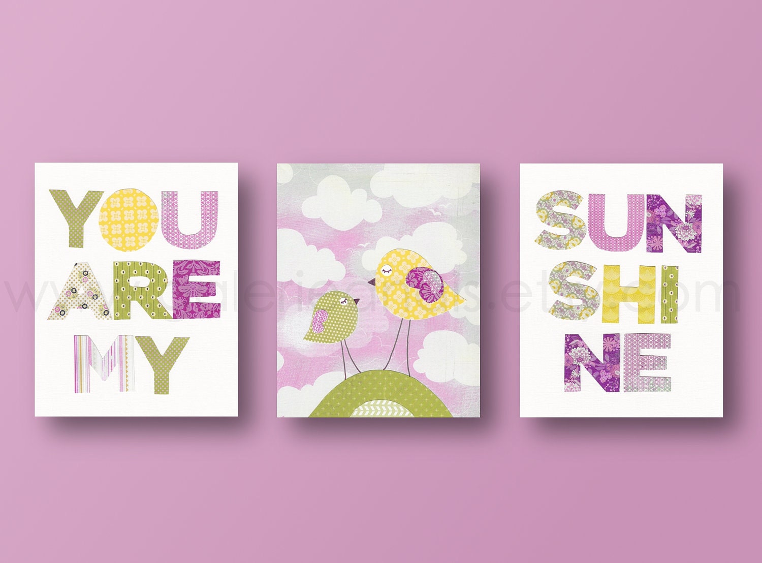 Kids wall art, nursery art, baby nursery decor, nursery wall, kids decor, bird, cloud, words, Set of 3, 8x10 Prints - You Are My Sunshine
