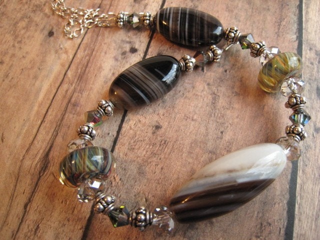 Sardonyx handmade glass Choker Necklace- Sterling COFFEE and CREAM
