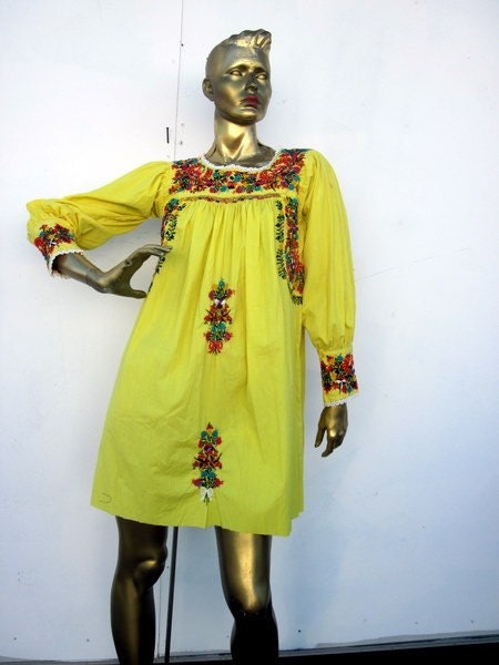 SZ S VINTAGE LONGSLEEVE YELLOW OAXACAN EMBROIDERED TUNIC SMOCK MINI DRESS