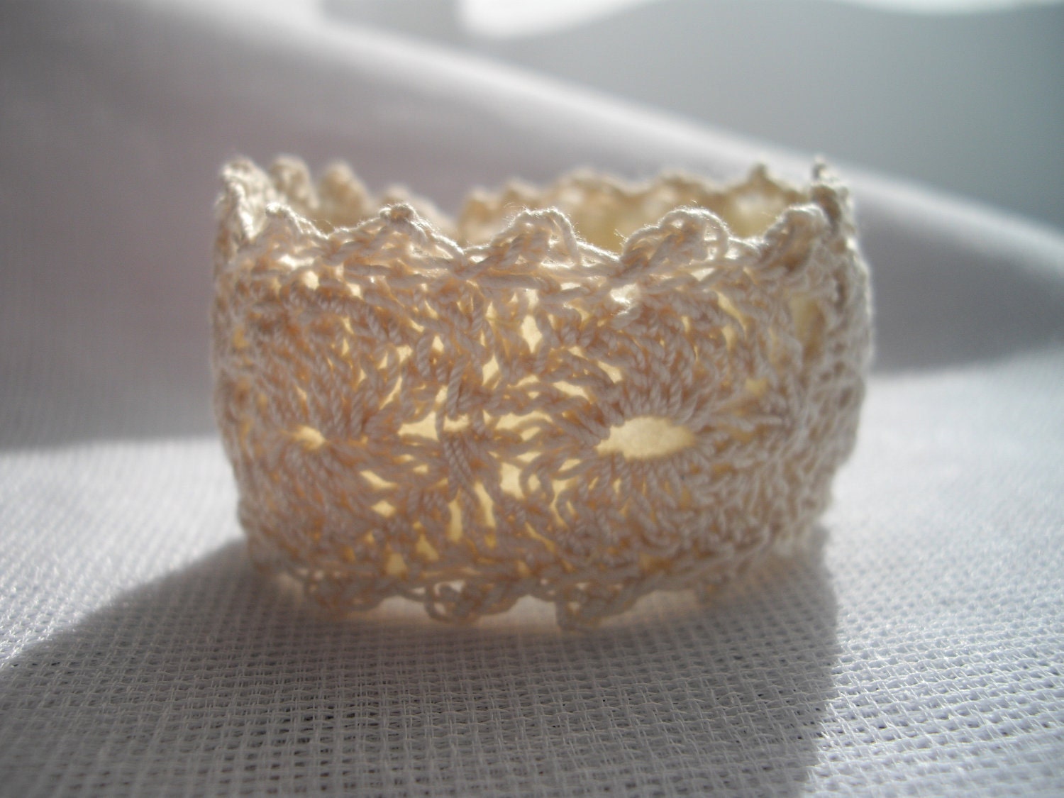Cream thread crochet cuff bracelet for wedding already crocheted for do it yourself embelishment hypoallergenic In assorted colors