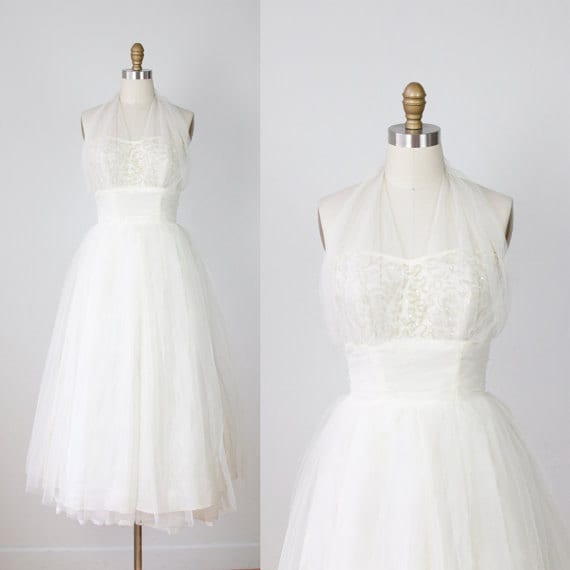 Reserved for Cheryl 1950s Tulle Sequin Halter Wedding Cream Dress VIntage