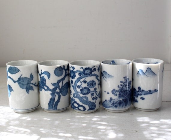 white GREEN cups. Japanese / 5. Set  Blue  cups TEA tea of blue the  and vintage tea vintage