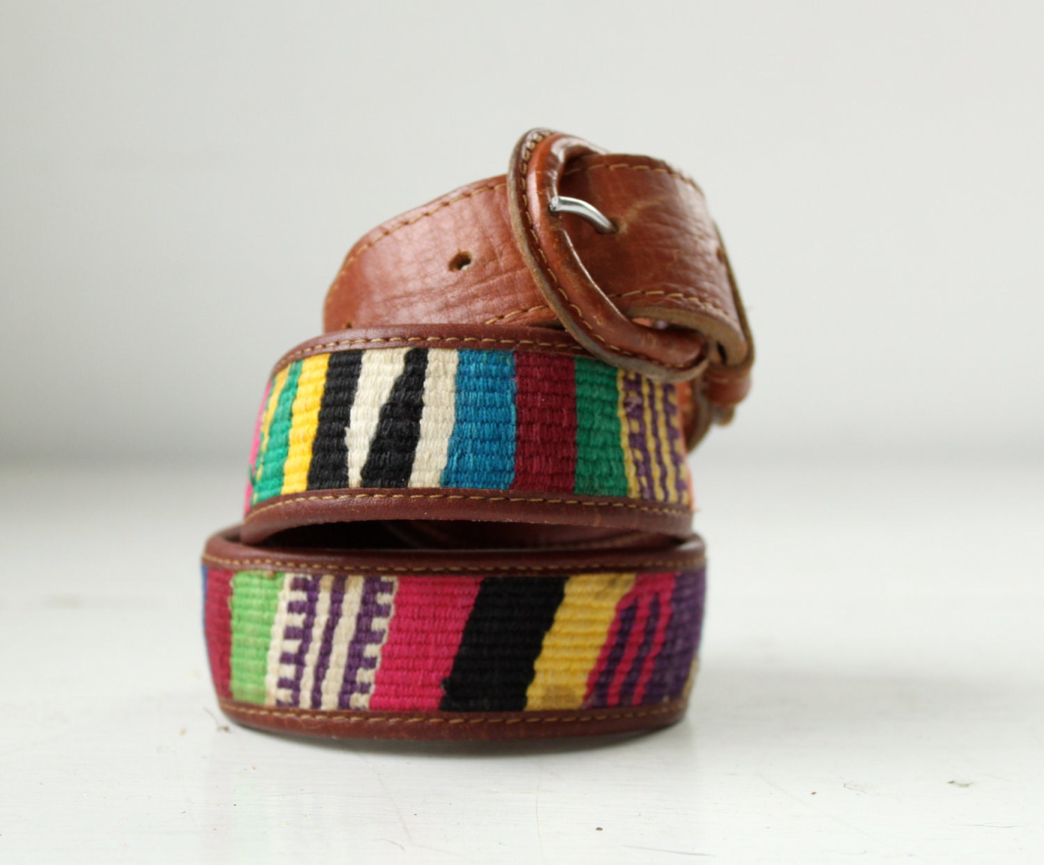 vintage 1980s tapestry and leather belt. size medium. woven multicolor and russet leather, tribal hipster style / the FRIED ICE CREAM belt