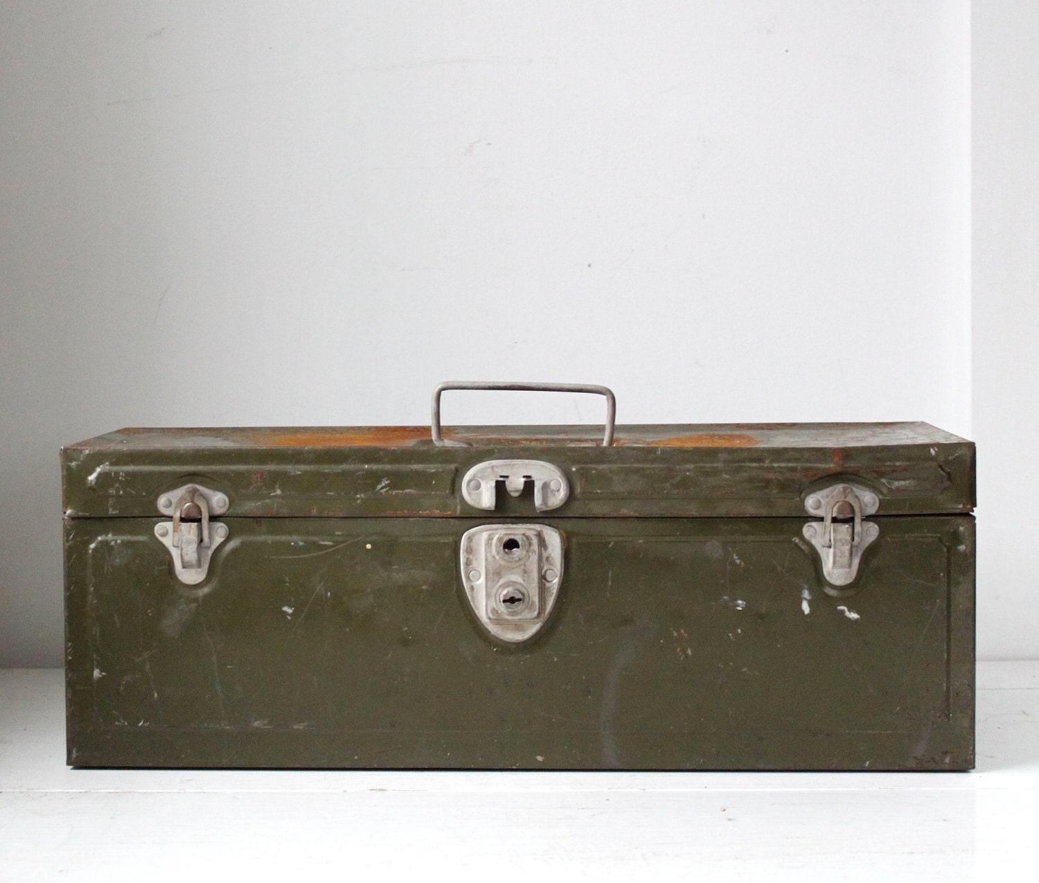 vintage 1950s metal toolbox. industrial storage / olive green / art office camping