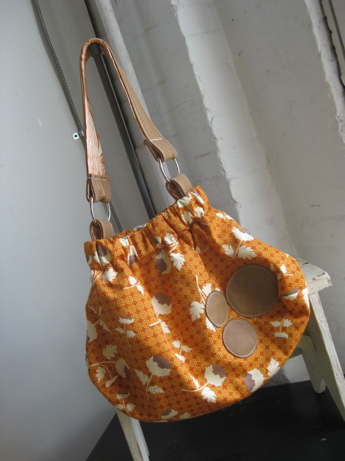 CYBER MONDAY 20% OFF Betsy in orange tossed flowers with nutmeg leather