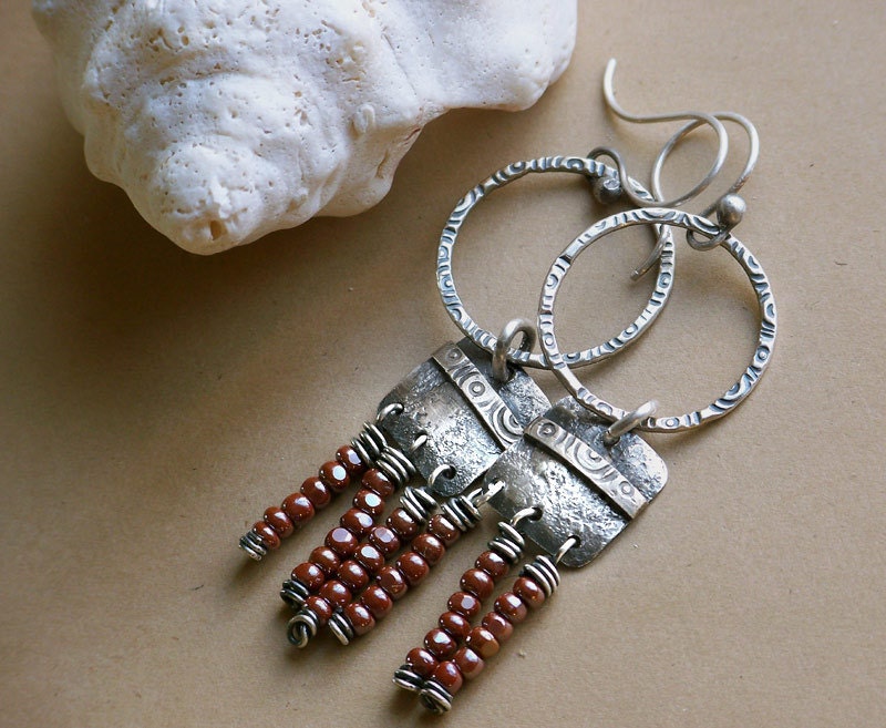 Stamped Sterling Silver Hoop Fringe Dangle Earrings . Rustic Eclectic Southwest Boho Tribal Inspired Jewelry