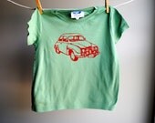 1972 Saab Organic Baby Rib TShirt, Sized 6 Toddler (but runs small - more like a 4), Hand Dyed Fern Green with Red Screen Printed Ink
