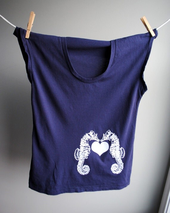 Nautical Sea Horses - Womens Tank - Sleeveless Midnight Blue Shirt -  Screen printed in White Ink - Size Extra Large
