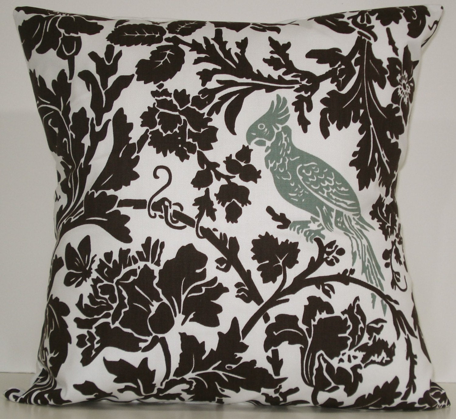 New 18x18 inch Designer Handmade Pillow Cases in dark brown floral and blue grey birds.