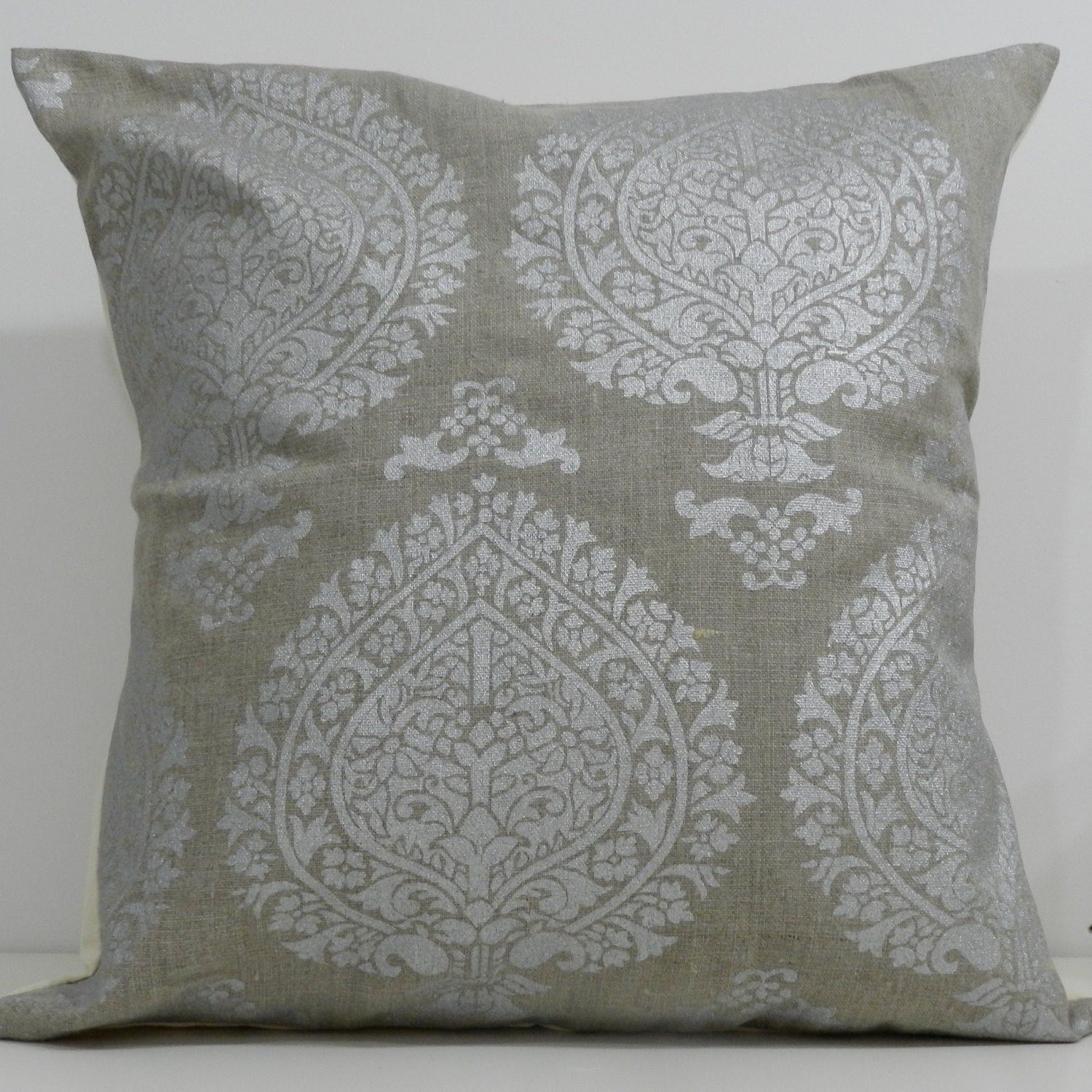 New 18x18 inch Designer Handmade Pillow Case in silver block print on taupe linen