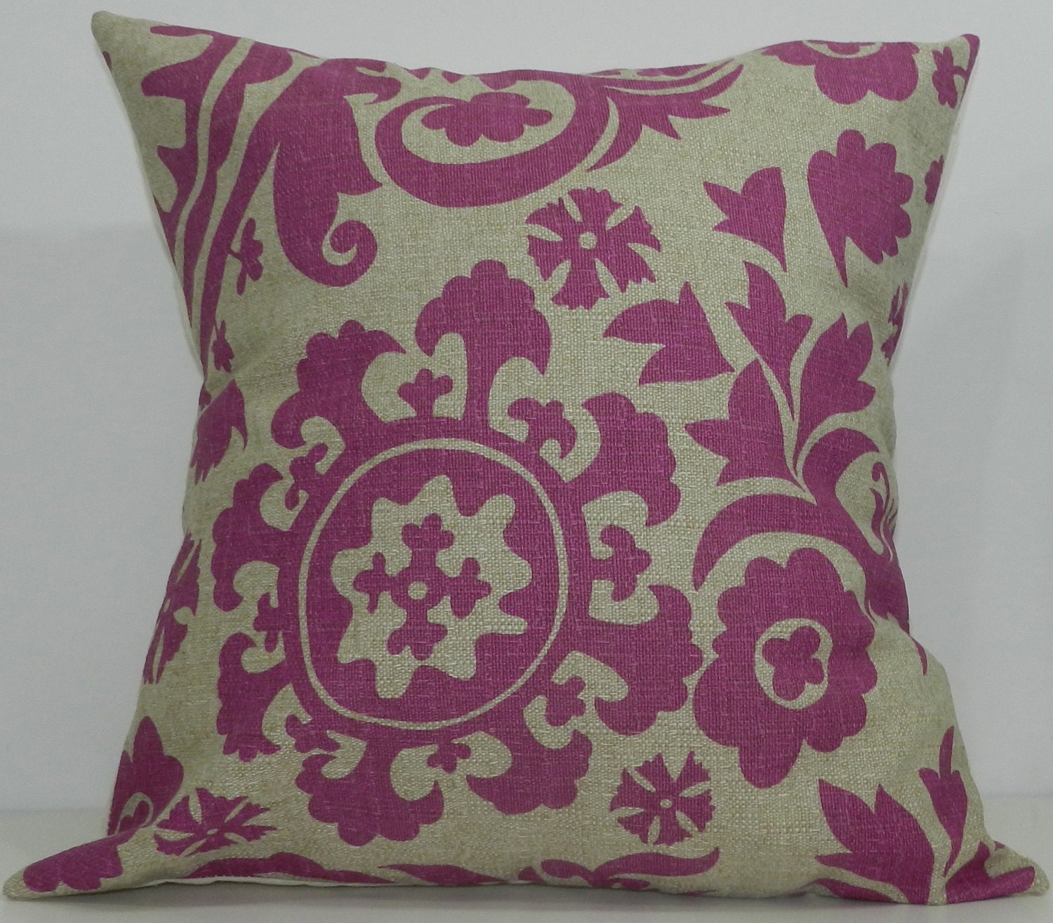 New 18x18 inch Designer Handmade Pillow Case in fuschia and taupe suzani