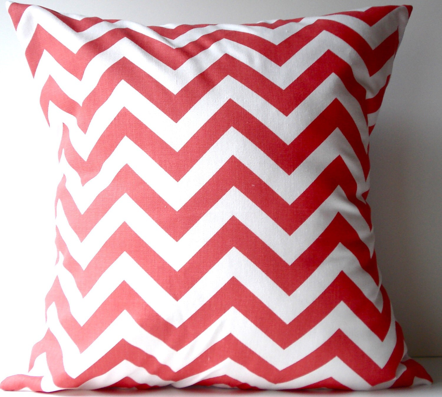 New 18x18 inch Designer Handmade Pillow Case. In coral and white chrvron zig zag pattern.
