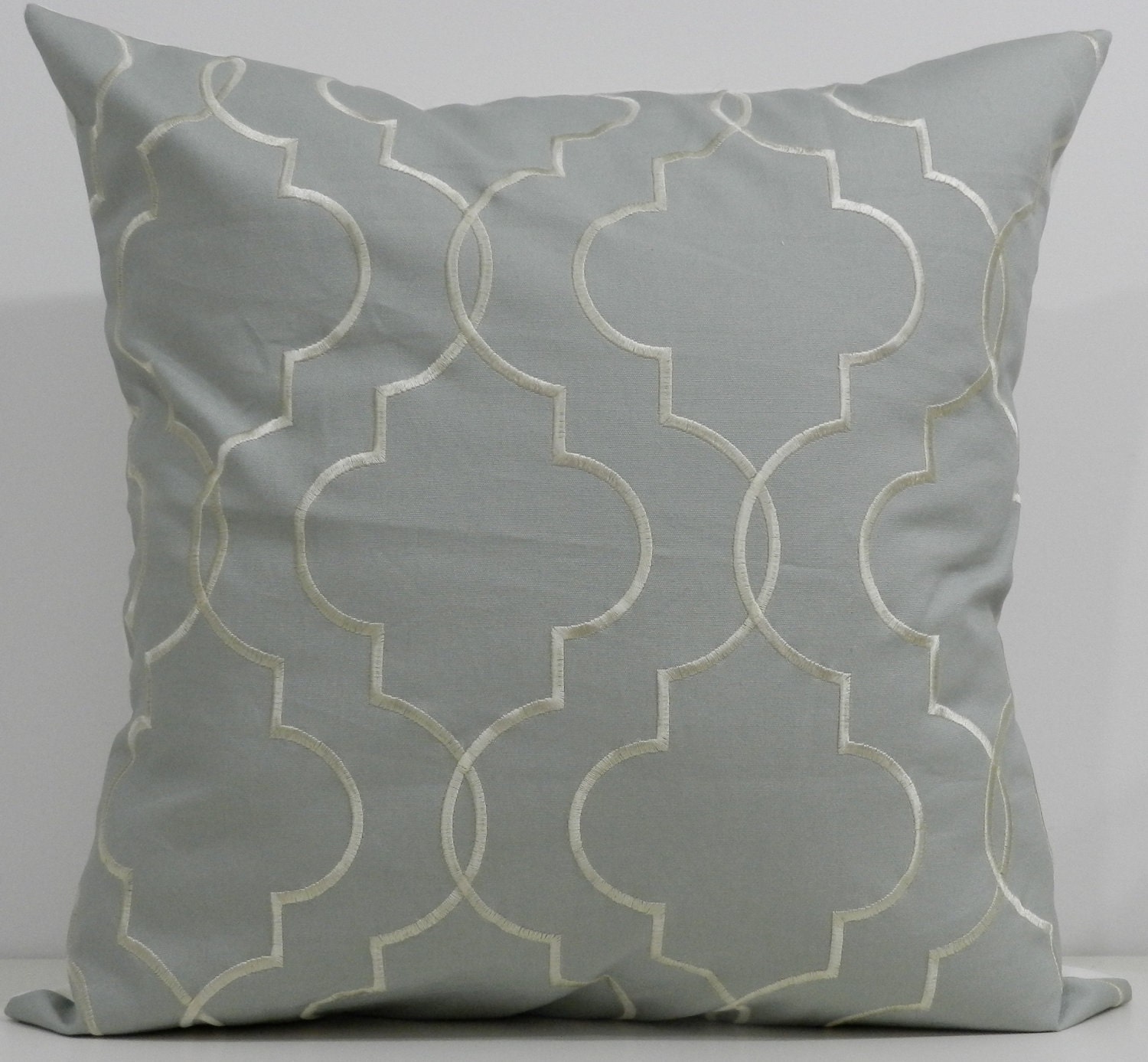 New 18x18 inch Designer Handmade Pillow Case in dusty blue with cream stitching