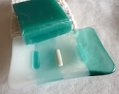 Soap Dish in Pale Aqua, White and  Streaky Aquamarine Glass