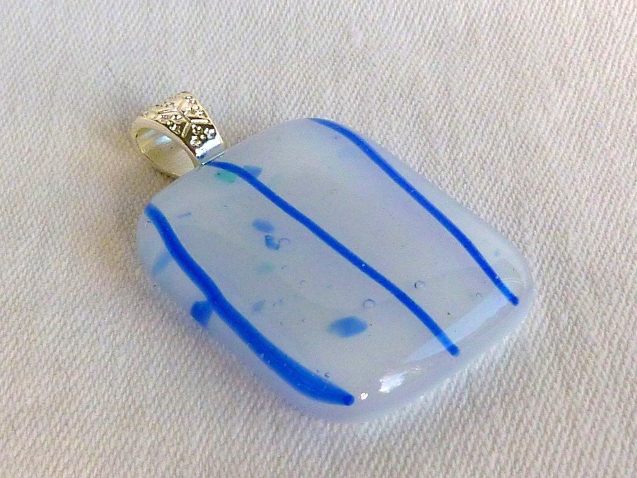 White Fused Glass Pendant with Blue Decor