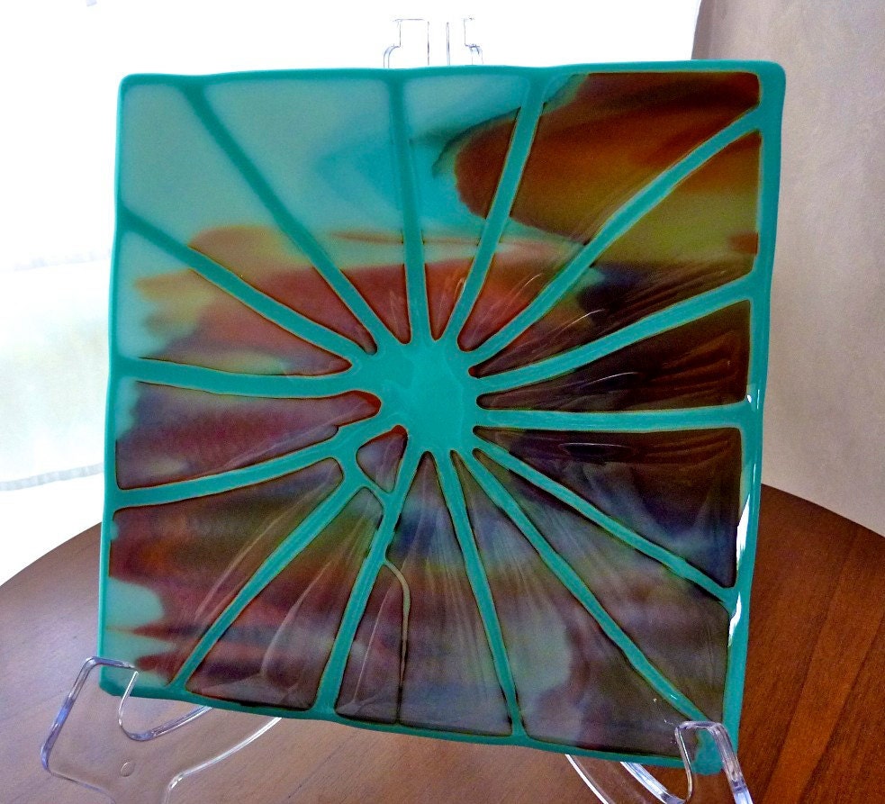 Fused Glass Art Plate in Turquoise, Brown, and White