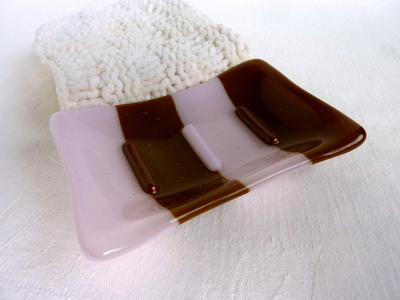 Glass Soap Dish in Petal Pink and Brown
