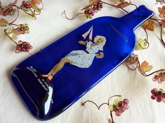 Thanksgiving Sale - Blue Slumped Wine Bottle Cheese Plate - Pure Platinum