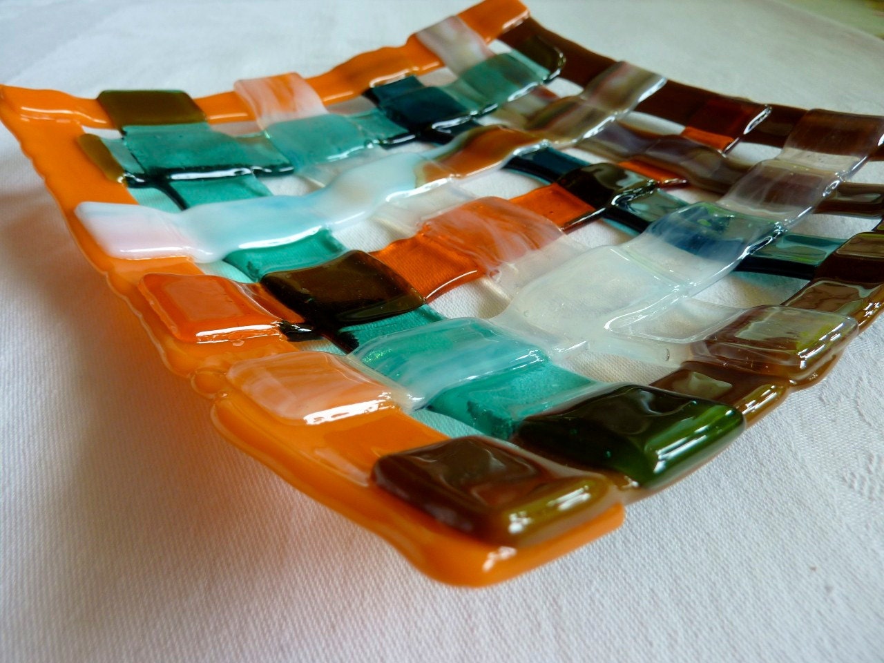 Woven Glass Plate in Orange, Brown, Aquamarine and White