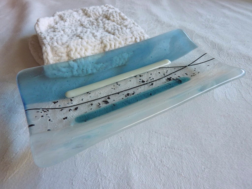 Large Soap Dish in White and Steel Blue Streaky Glass
