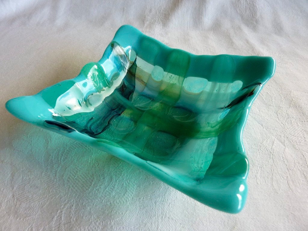 Fused Glass Dish in Woven Strips of Turquoise and Aqua