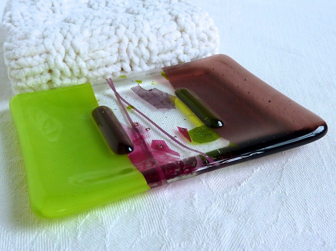 Glass Soap Dish in Spring Green and Violet
