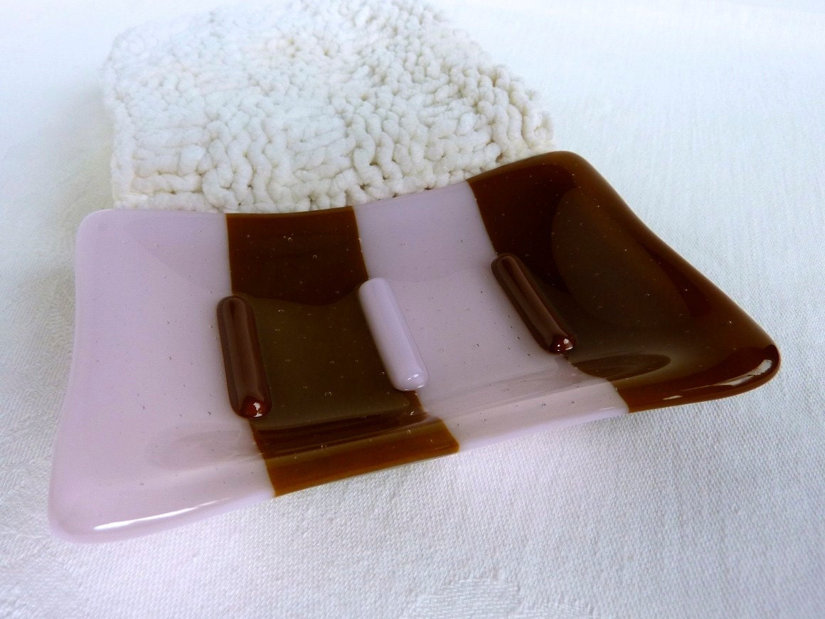 Glass Soap Dish in Petal Pink and Brown