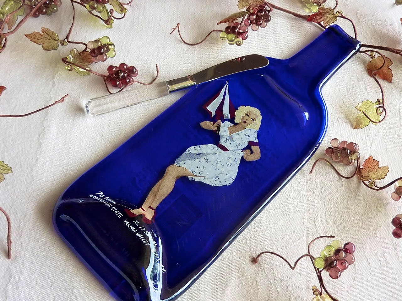 Thanksgiving Sale - Blue Slumped Wine Bottle Cheese Plate - Pure Platinum