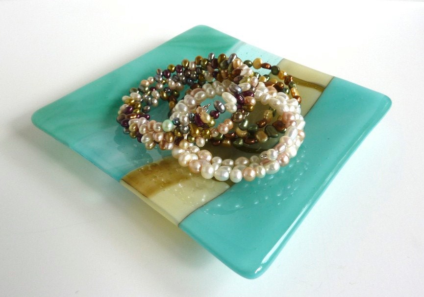 Glass Plate in Turquoise, Blue Green and French Vanilla