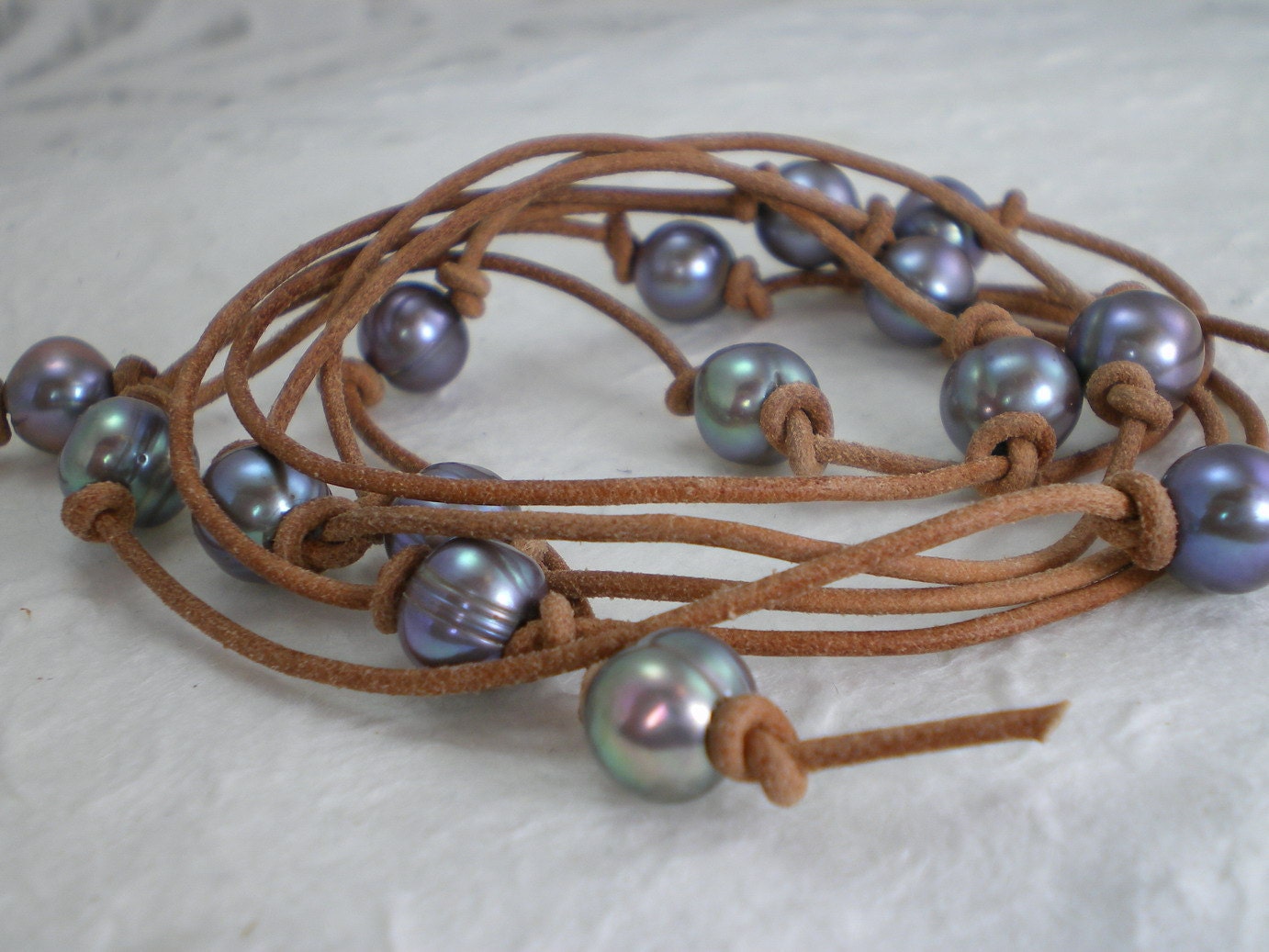 Blue Silver Freshwater Pearl Leather Cord Wrap Lariat Necklace Bracelet 49 in