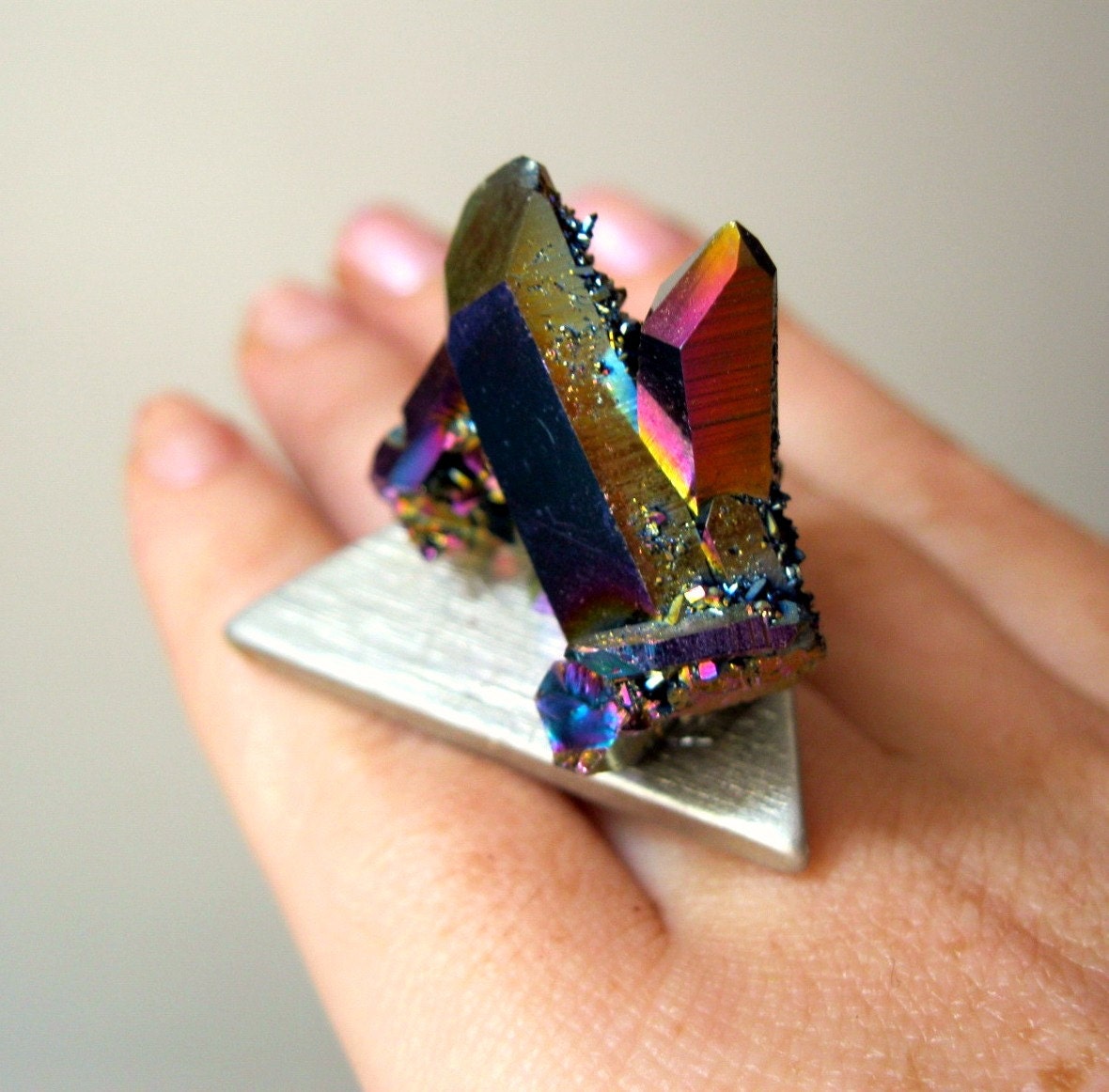 Free Holiday Shipping& Save 20%.Titanium Rainbow Aura Quartz PYRAMID POWER Cocktail Ring