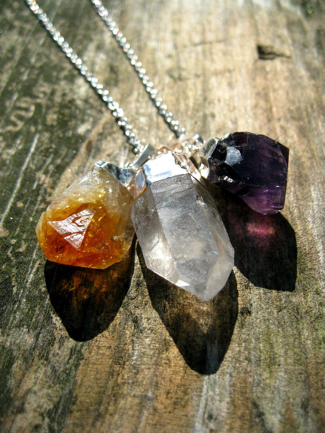 Triple Crystal Necklace. Silver Dipped Amethyst Citrine & Quartz