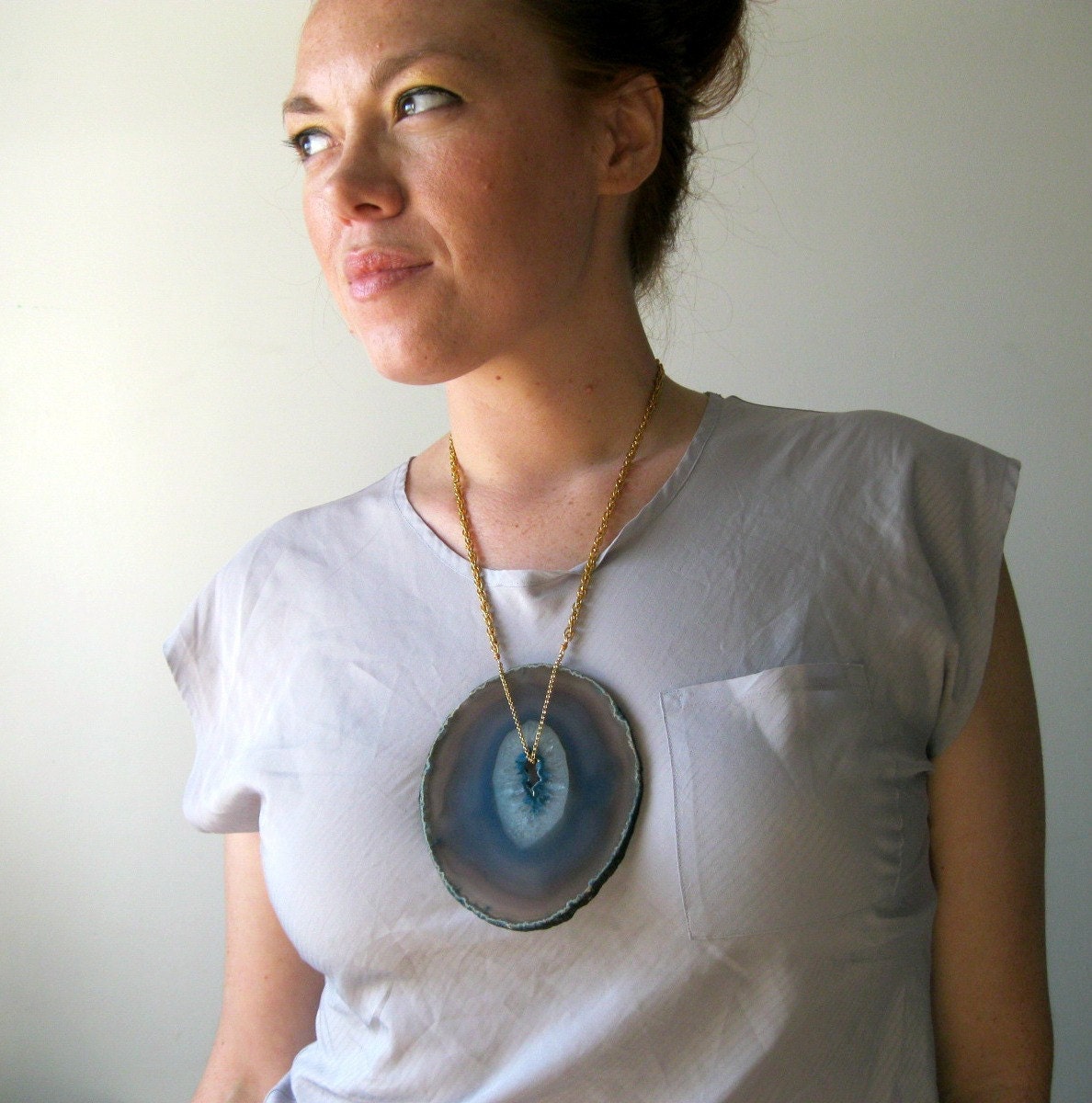 Statement Necklace. Crystal Blue Persuasion. Massive Agate Slice