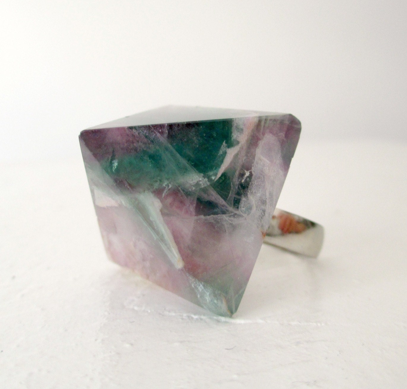 Crystal Pyramid Statement Ring. Rainbow Fluorite.