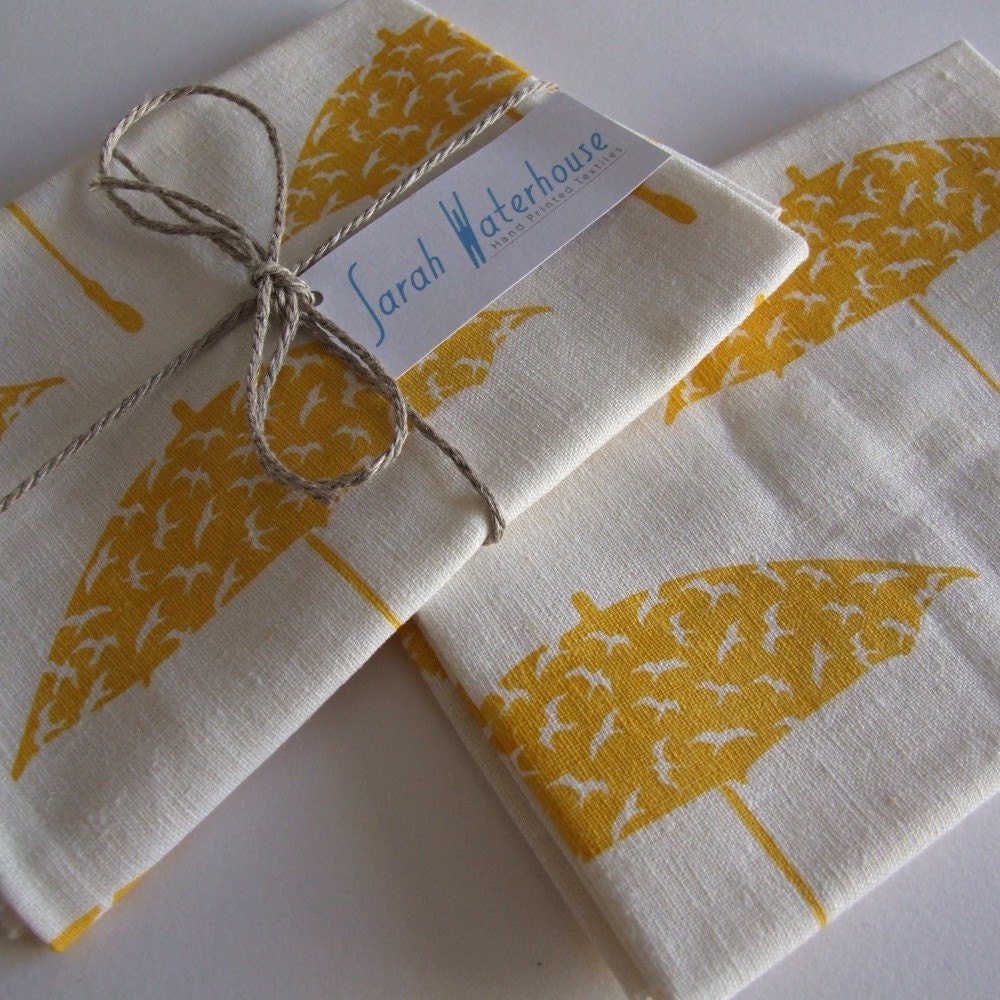 Hand printed golden yellow Bird brolly fabric