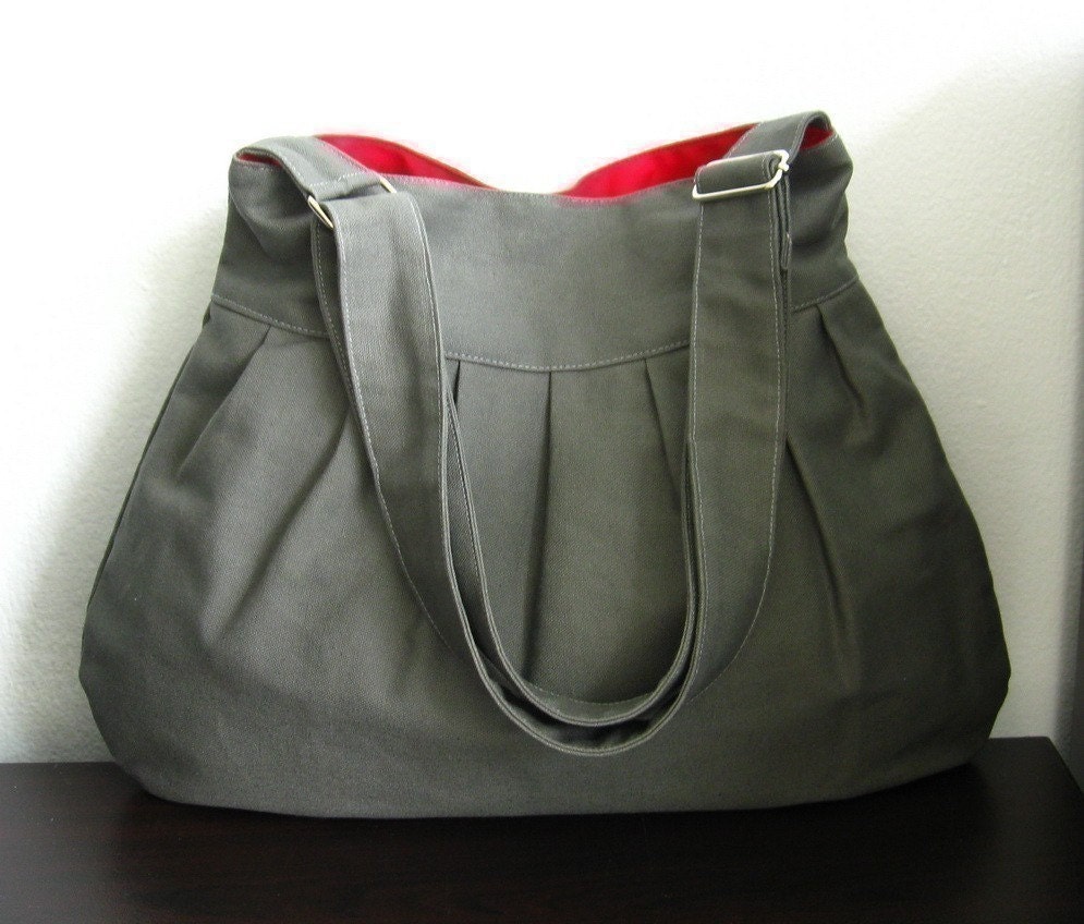 Sale - Grey Canvas Messenger Bag, everyday bag, diaper bag, pleats, stylish, purse