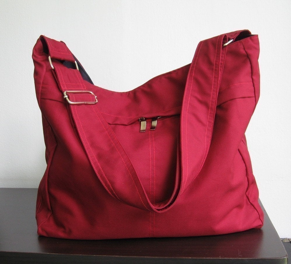Sale - Maroon Cotton Twill Hobo Bag with Adjustable Strap, messenger bag, diaper bag, tote, handbag