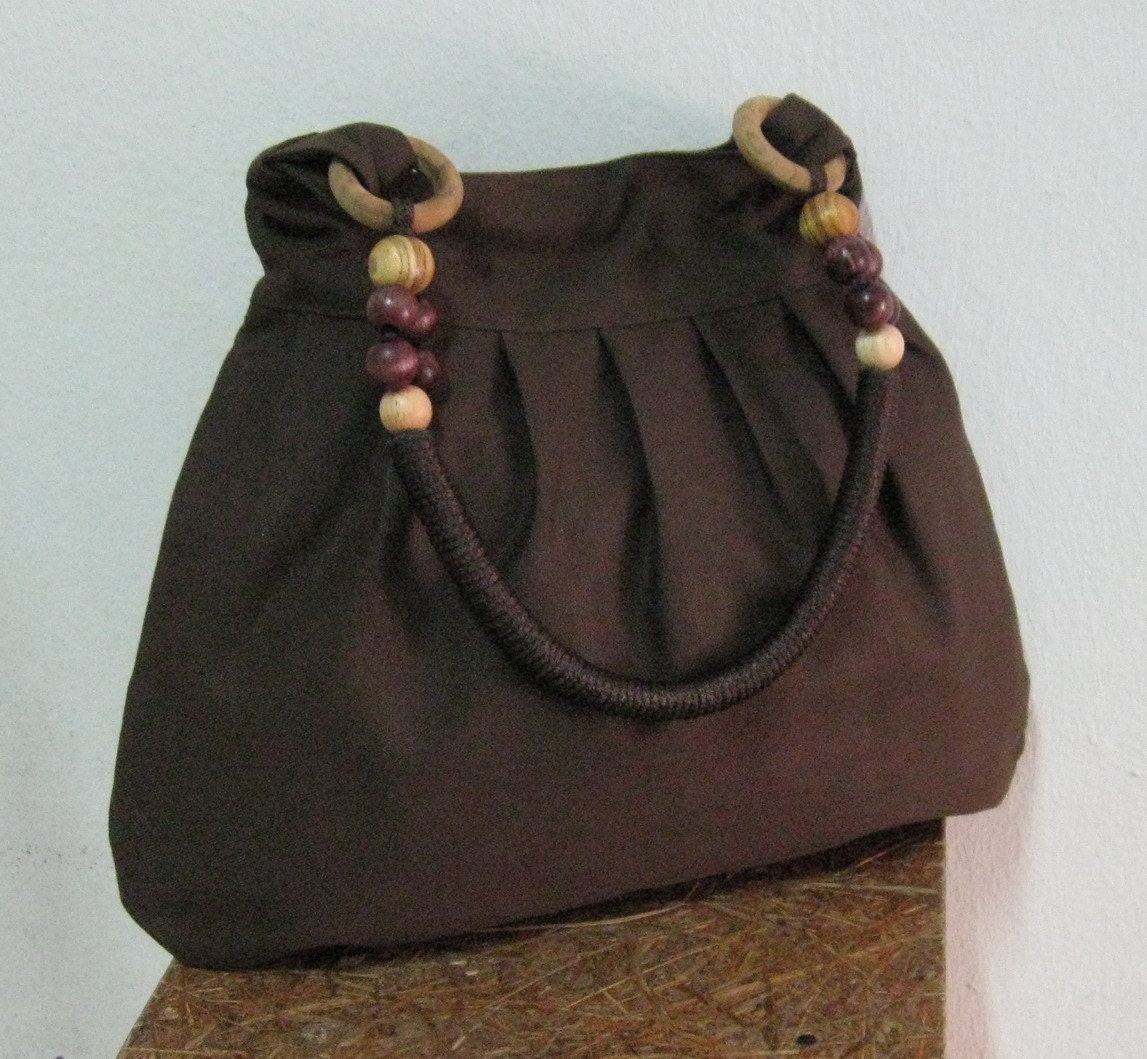 Sale - Choco Brown Canvas Bag with Rope Beads Strap - Shoulder bag, Messenger bag, Tote, Travel bag, Women