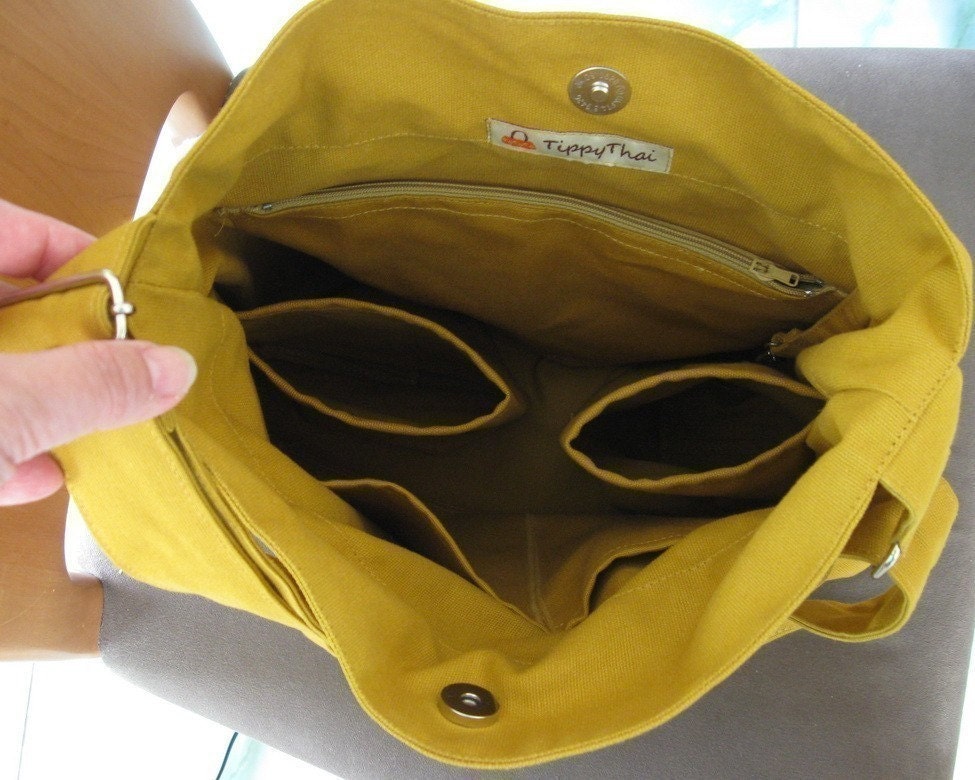 Mustard Canvas Lines Multi-Purpose Bag with Extra Pockets and Adjustable Strap